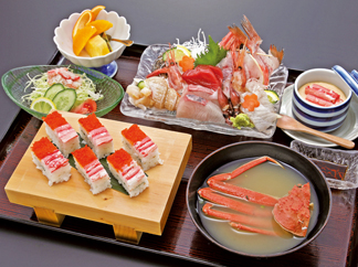 Sashimi(fresh fish). Crab Sushi Set